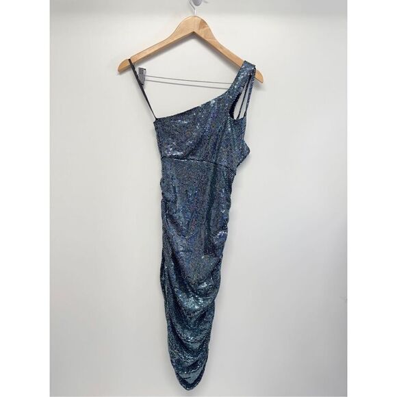 AQUA Dress Size Small Asymmetric Midi Cocktail Party Blue Sequined NWT - Picture 2 of 11